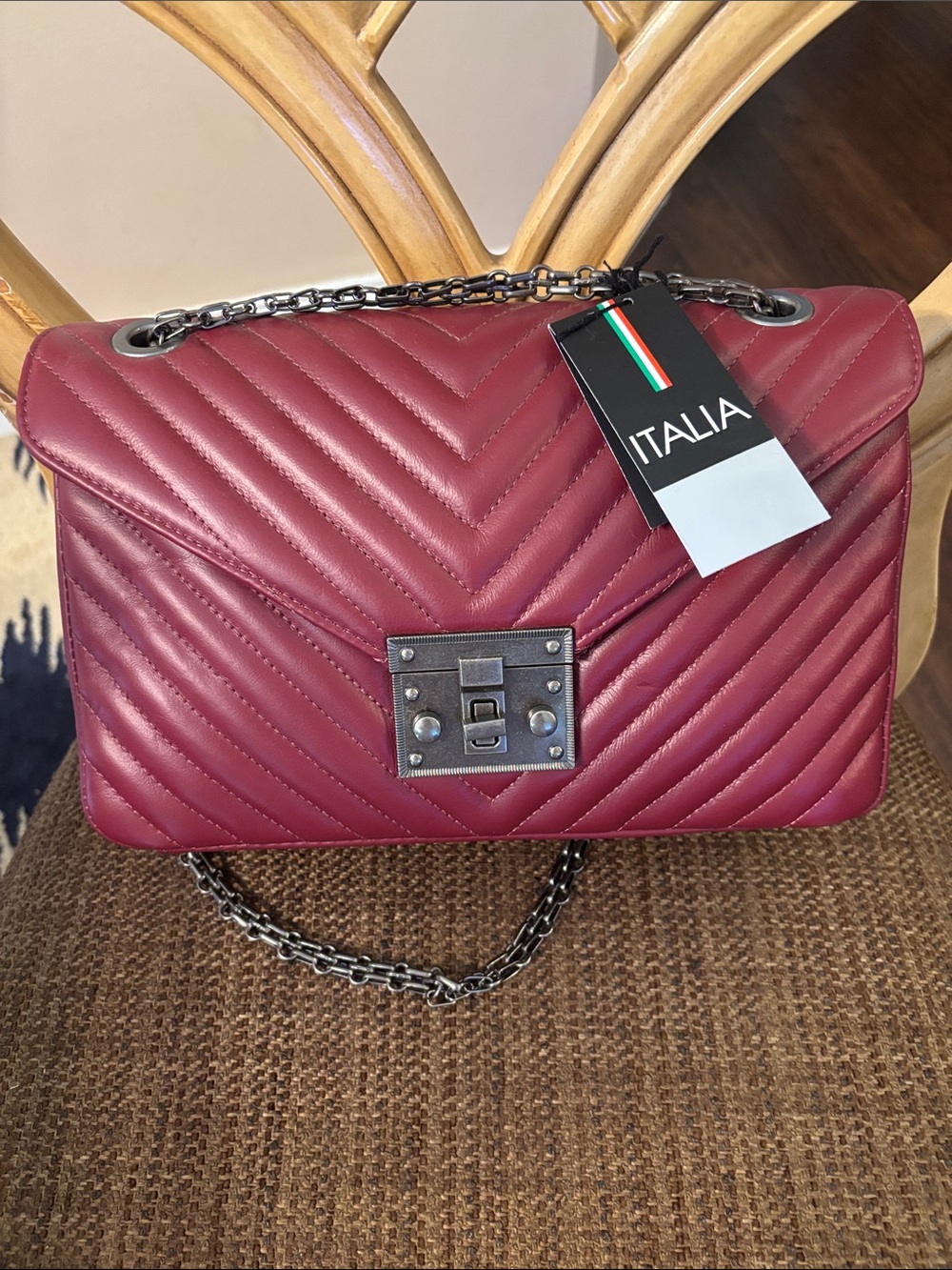 NWT Chiara Ferretti Quilted Burgundy Chain Shoulder Bag - Italy